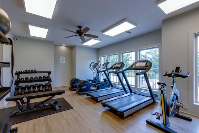 gym featuring wood-type flooring and ceiling fan