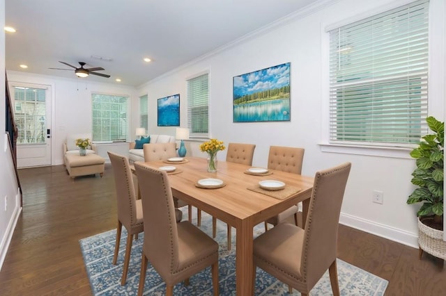 dining space with ceiling fan, ornamental molding, and dark hardwood / wood-style floors