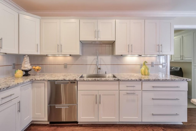 kitchen featuring tasteful backsplash, white cabinets, a sink, and stainless steel dishwasher