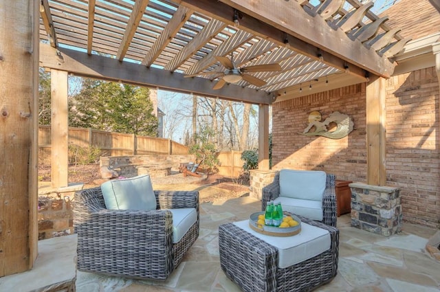 view of patio featuring an outdoor hangout area, a fenced backyard, and a pergola