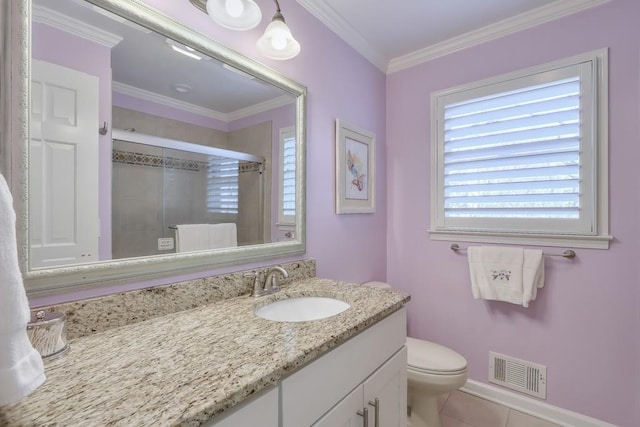 bathroom featuring toilet, vanity, visible vents, a shower stall, and crown molding