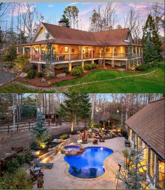 back house at dusk with a yard, a patio area, and a pool with hot tub