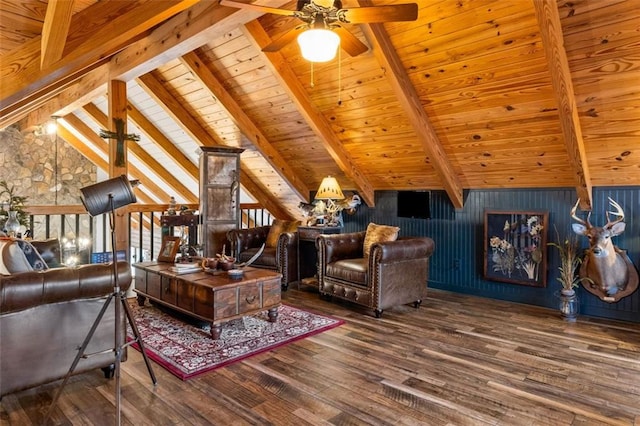 sitting room featuring ceiling fan, vaulted ceiling with beams, wooden walls, wood ceiling, and hardwood / wood-style flooring