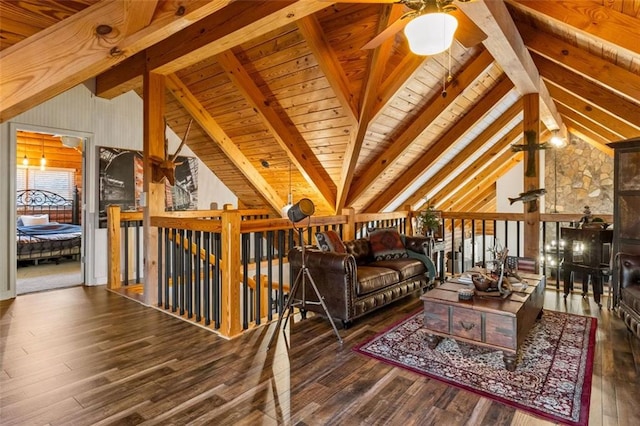 interior space featuring wood ceiling, ceiling fan, wooden walls, lofted ceiling with beams, and dark hardwood / wood-style floors