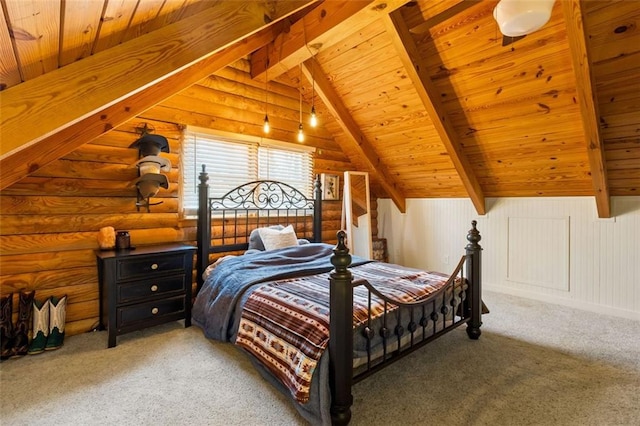 bedroom with carpet, vaulted ceiling with beams, wood ceiling, and rustic walls