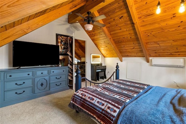 bedroom with a wall mounted air conditioner, vaulted ceiling with beams, light colored carpet, and wood ceiling