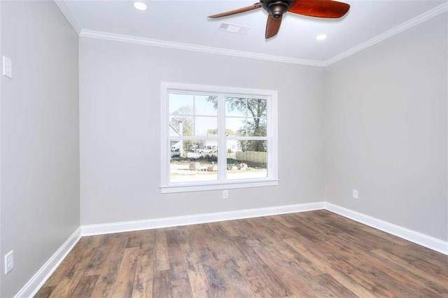 unfurnished room with crown molding, wood-type flooring, and ceiling fan