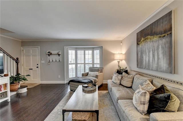 living room featuring crown molding, stairway, wood finished floors, and baseboards