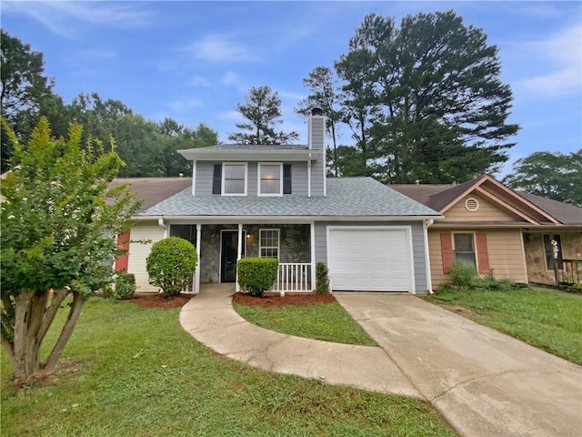 8332 Mountain Pass, Riverdale, GA 30274 - traditional-style house with a chimney, an attached garage, driveway, and a front yard