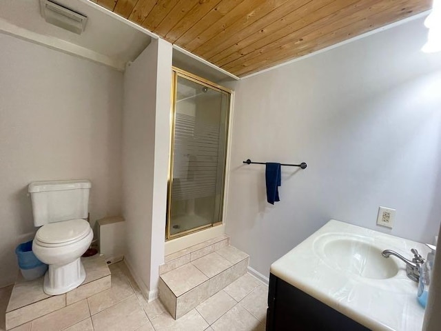 bathroom featuring vanity, toilet, walk in shower, and wooden ceiling