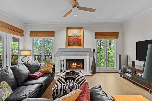 living room featuring a high end fireplace, a wealth of natural light, a ceiling fan, and wood finished floors