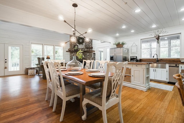 328 Black Ankle Creek Rd, Cherry Log, GA 30522 - dining area featuring french doors, wooden ceiling, sink, and light wood-type flooring