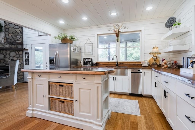 328 Black Ankle Creek Rd, Cherry Log, GA 30522 - kitchen with white cabinetry, butcher block counters, stainless steel fridge, wood ceiling, and light hardwood / wood-style flooring