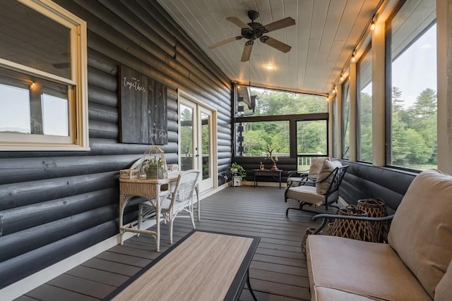 328 Black Ankle Creek Rd, Cherry Log, GA 30522 - sunroom featuring vaulted ceiling, wooden ceiling, and ceiling fan