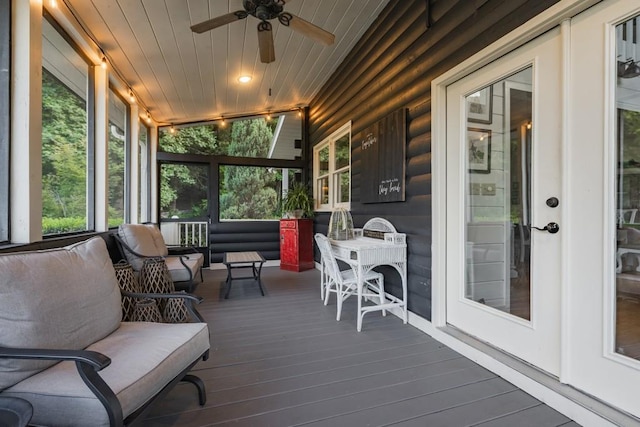 328 Black Ankle Creek Rd, Cherry Log, GA 30522 - sunroom featuring wood ceiling, vaulted ceiling, and ceiling fan