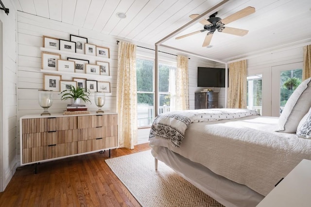 328 Black Ankle Creek Rd, Cherry Log, GA 30522 - bedroom featuring access to exterior, dark hardwood / wood-style floors, wooden ceiling, and ceiling fan