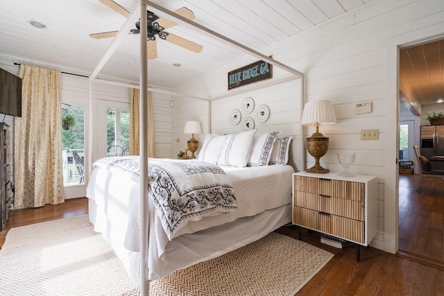328 Black Ankle Creek Rd, Cherry Log, GA 30522 - bedroom with stainless steel fridge, dark hardwood / wood-style floors, wooden ceiling, and ceiling fan