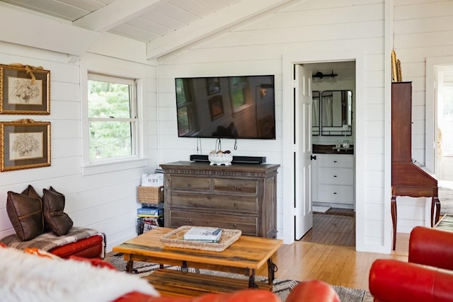 328 Black Ankle Creek Rd, Cherry Log, GA 30522 - living room featuring vaulted ceiling with beams, sink, and light hardwood / wood-style floors