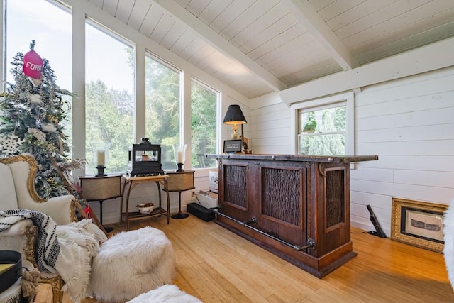 328 Black Ankle Creek Rd, Cherry Log, GA 30522 - interior space featuring lofted ceiling with beams, wooden ceiling, light hardwood / wood-style floors, and wood walls