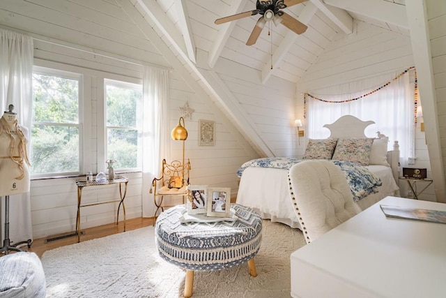 328 Black Ankle Creek Rd, Cherry Log, GA 30522 - bedroom featuring vaulted ceiling with beams, wood-type flooring, ceiling fan, and wood walls