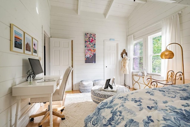 328 Black Ankle Creek Rd, Cherry Log, GA 30522 - bedroom featuring vaulted ceiling with beams, wood ceiling, wooden walls, and light hardwood / wood-style floors