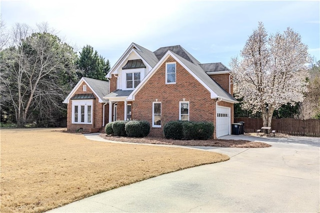 view of front of property with a garage, concrete driveway, crawl space, fence, and brick siding