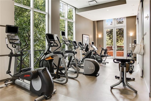 workout area with french doors and a towering ceiling