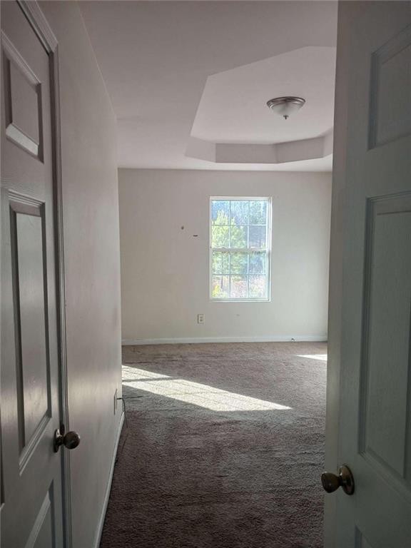 unfurnished room featuring carpet flooring and a tray ceiling