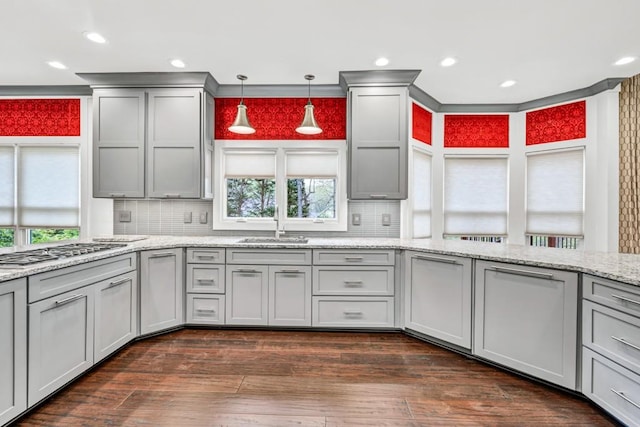 kitchen featuring dark wood finished floors, gray cabinets, and a sink
