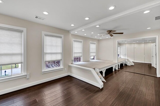 dining room with visible vents, baseboards, ceiling fan, recessed lighting, and dark wood-style floors