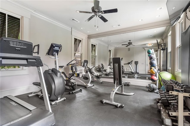 gym with visible vents, ornamental molding, and recessed lighting