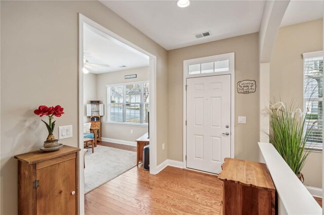 entrance foyer featuring ceiling fan, plenty of natural light, and light hardwood / wood-style floors