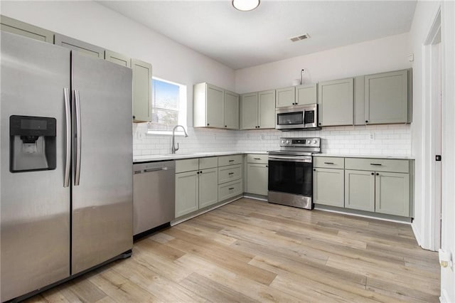 kitchen with light wood-style flooring, stainless steel appliances, a sink, light countertops, and backsplash