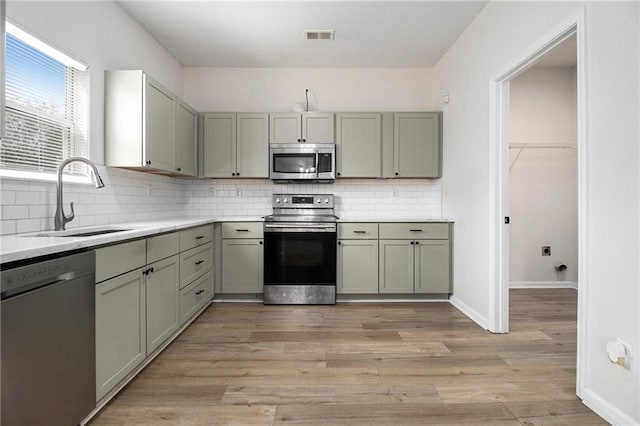 kitchen featuring stainless steel appliances, light wood-style flooring, decorative backsplash, gray cabinetry, and a sink