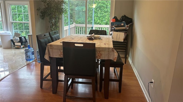 dining space with wood finished floors and baseboards