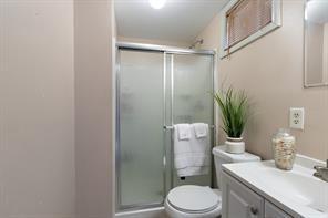 full bathroom featuring a shower stall, vanity, and toilet