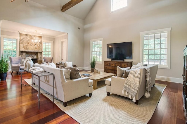 living room featuring high vaulted ceiling, a large fireplace, dark hardwood / wood-style flooring, a notable chandelier, and beamed ceiling