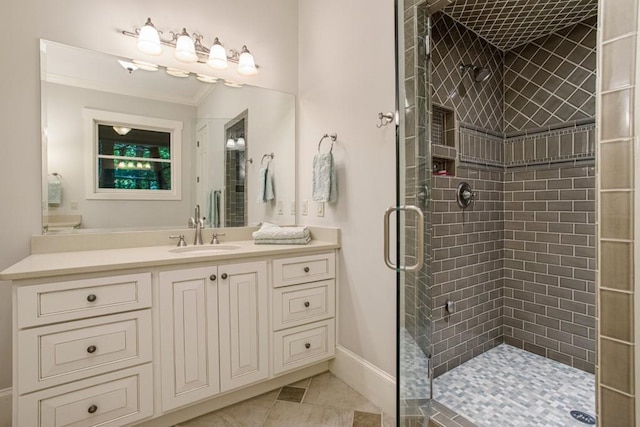 bathroom featuring vanity, ornamental molding, and walk in shower