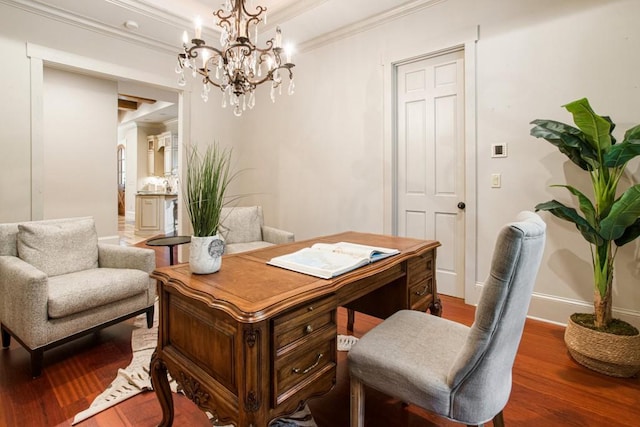 home office with crown molding and dark hardwood / wood-style floors