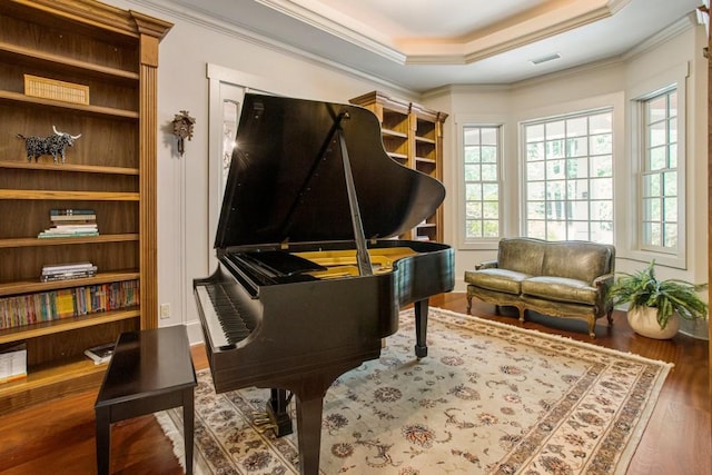 misc room with dark wood-type flooring, ornamental molding, a raised ceiling, and built in features