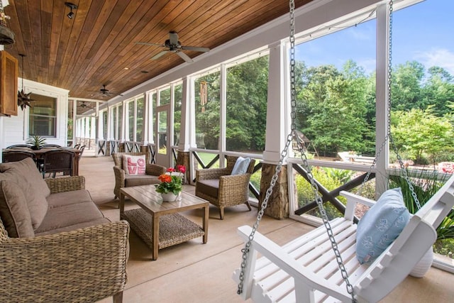 sunroom / solarium featuring ceiling fan and wooden ceiling