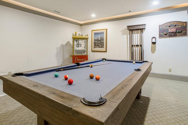 recreation room featuring pool table, ornamental molding, and carpet