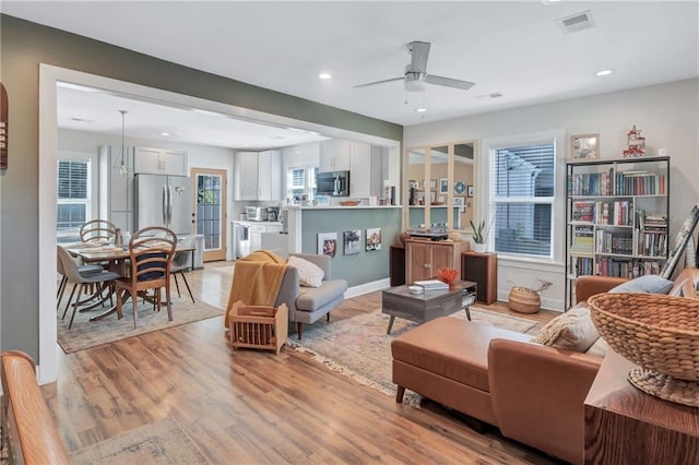 living area featuring a wealth of natural light, ceiling fan, and light wood-type flooring