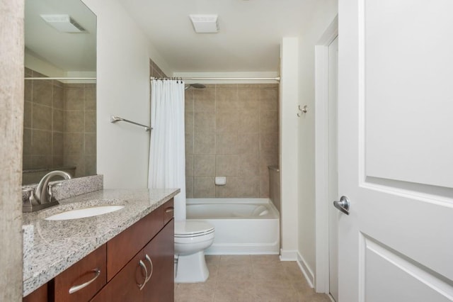 full bathroom with visible vents, toilet, tile patterned floors, shower / bath combination with curtain, and vanity