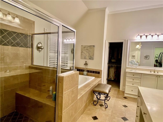 bathroom featuring crown molding, vanity, separate shower and tub, and tile patterned flooring