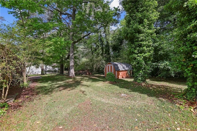 view of yard with a storage shed and an outbuilding