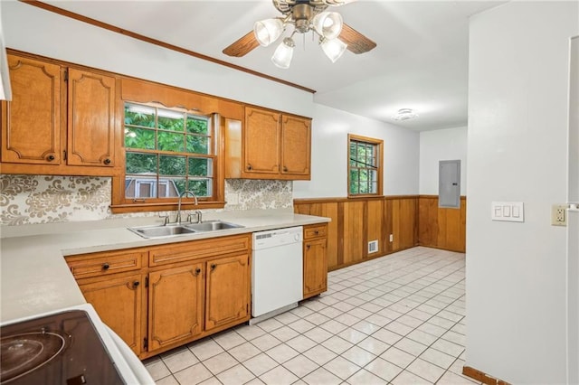 kitchen featuring a ceiling fan, white dishwasher, wainscoting, a sink, and light countertops