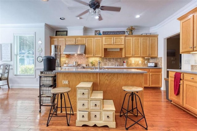 kitchen featuring a kitchen island with sink, light hardwood / wood-style flooring, a breakfast bar area, and ceiling fan