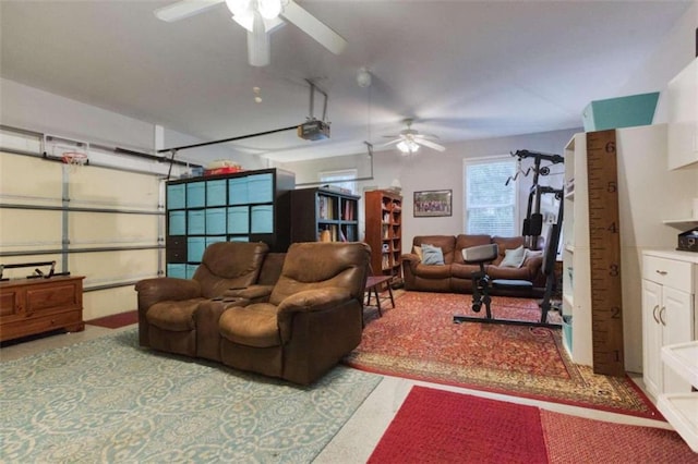 interior space featuring ceiling fan