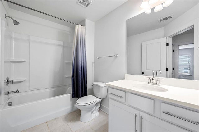 bathroom with toilet, shower / bathtub combination with curtain, visible vents, and tile patterned floors
